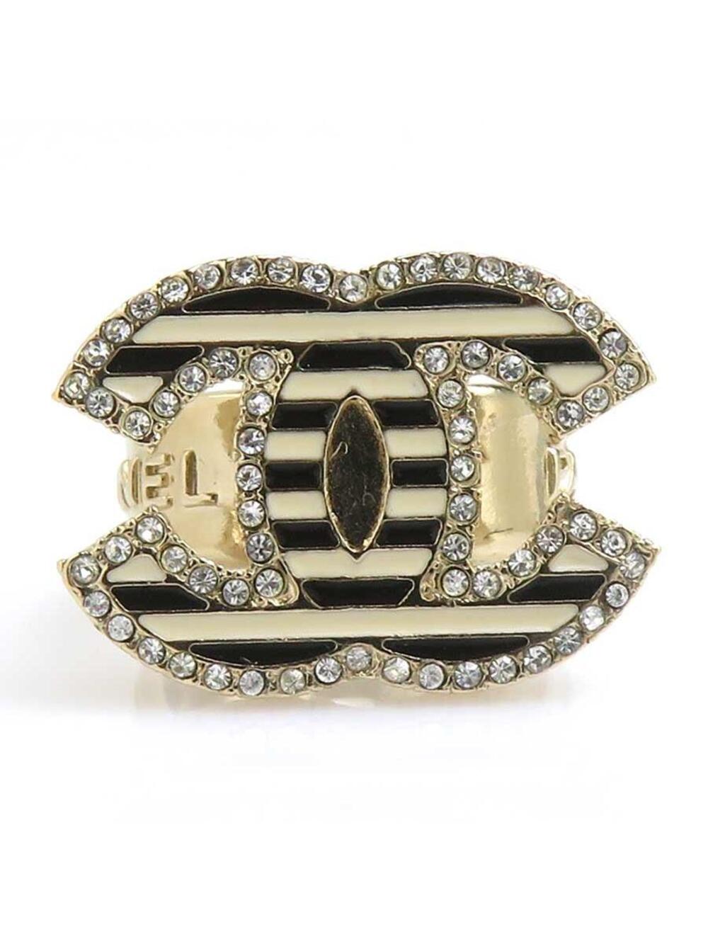 Auth Chanel Cc Logo Ring Gold/Black/Off #372682C29B